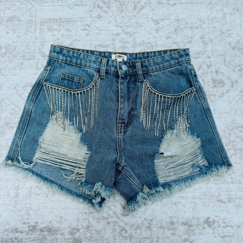 POL Rhinestone Fringe Denim Shorts Womens S Blue Excellent Distressed Festival